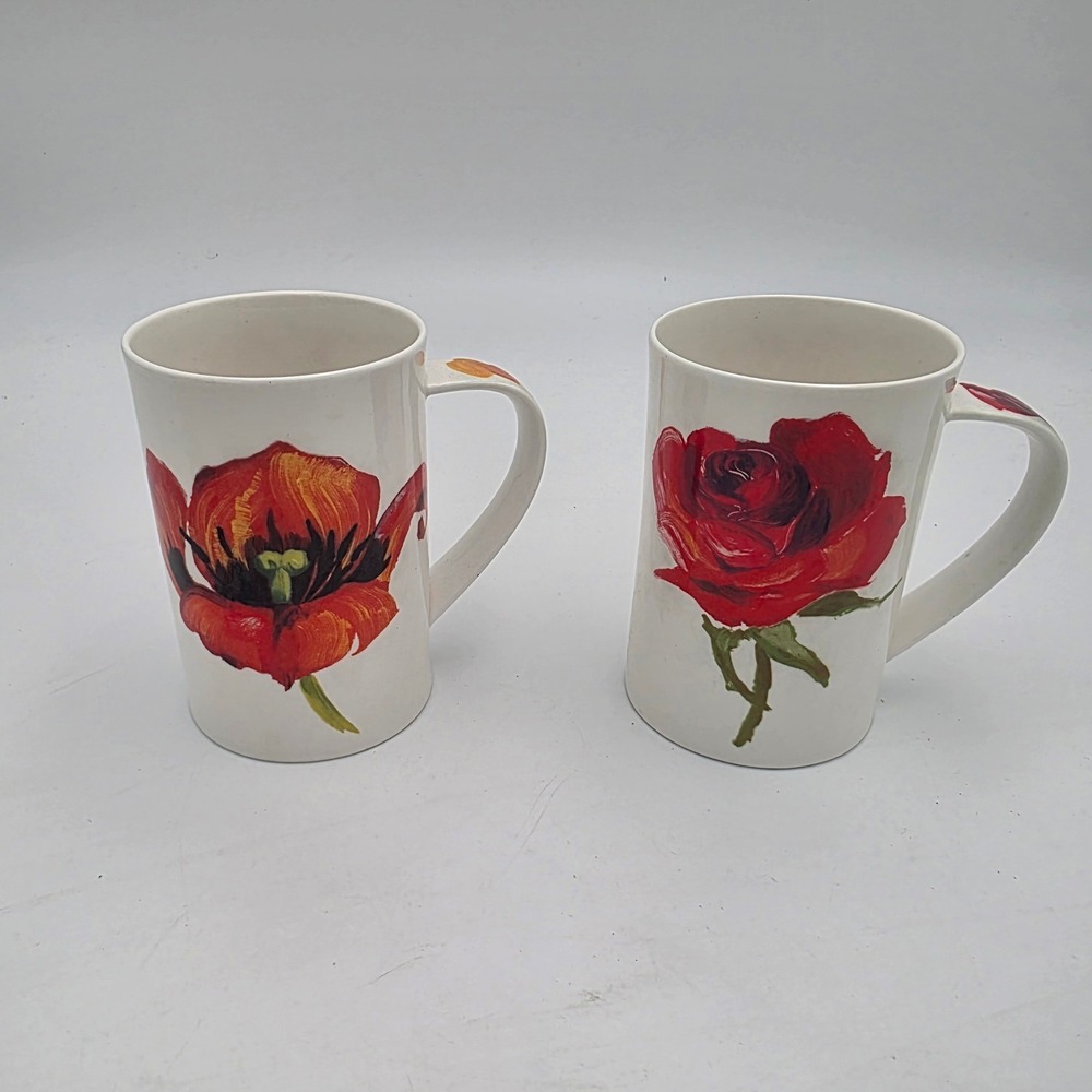 Dunoon Solitaire Anne Searle Fine Bone China Mugs Set of 2 Rose Tulip England